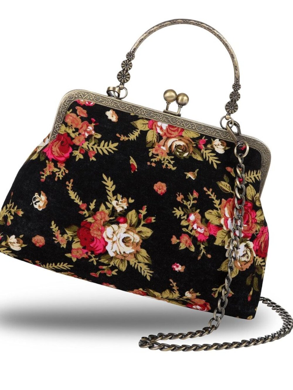 Floral Top-Handle Handbag, Kiss Lock Evening Bag for Women, Vintage Handbag